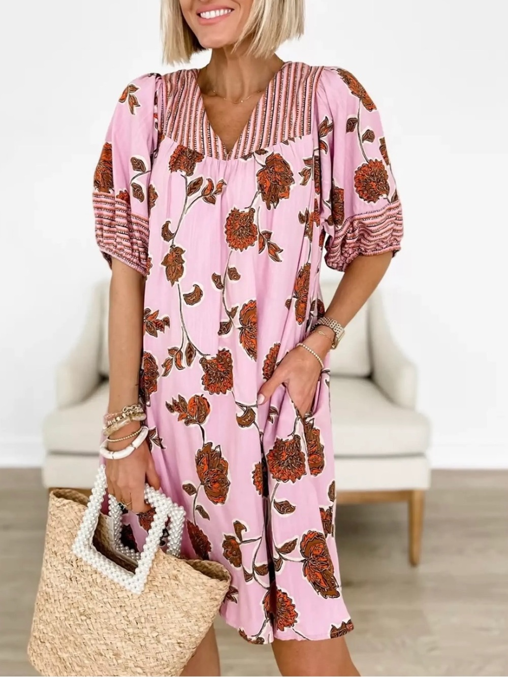 Knox Rose Pink Floral Puff-Sleeve Midi Dress- Size Small